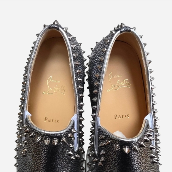 Christian Louboutin Pik Boat Metallic Silver Leather Spiked Slip On Sneakers 40 - Picture 12 of 13